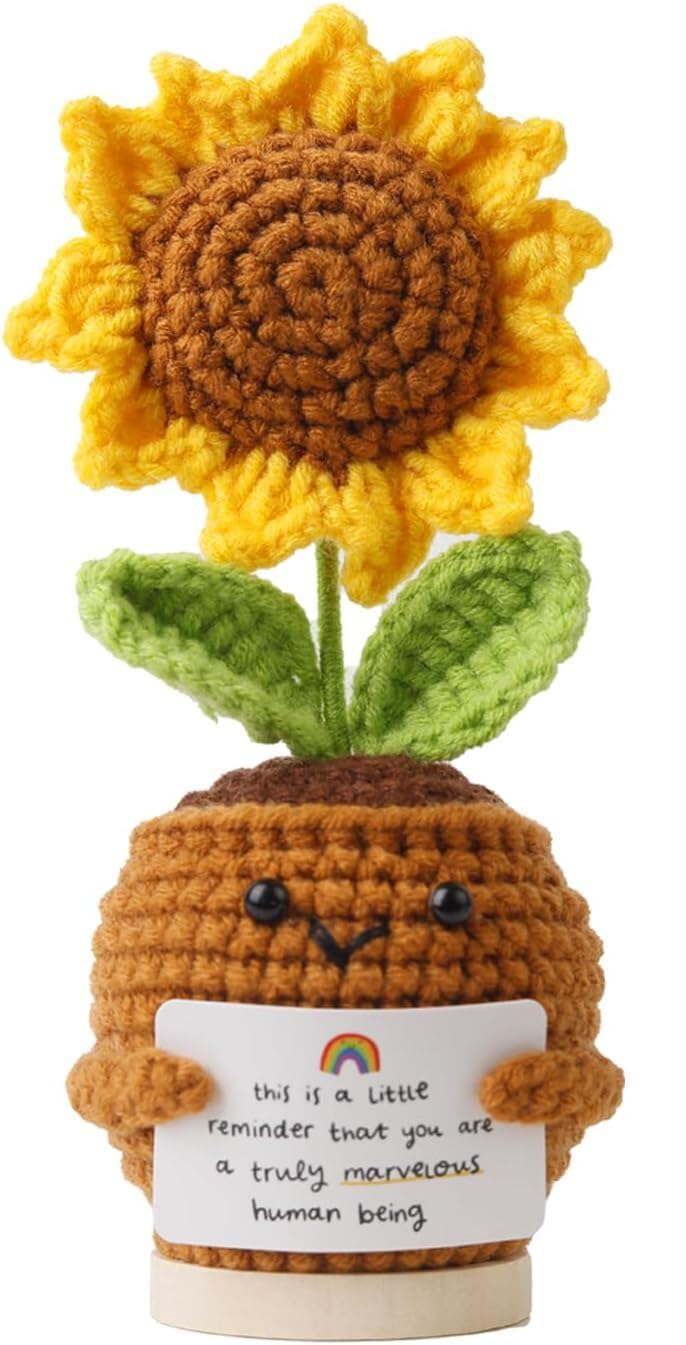 Arteclipse - Sunflower Emotional Support Positive Crochet Desk Decor – Handmade Knitted Flower Pot with Motivational Sign – Cheer Up Gift for Friends, Coworkers, and Loved Ones with FREE STAND