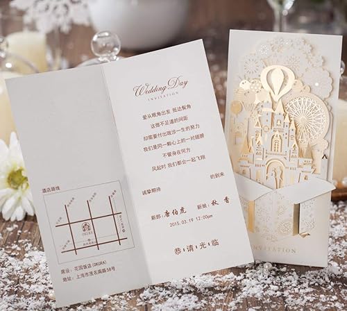 Miniatura 10 de Hosmsua Kit de 50 invitaciones de boda en blanco dorado claro de 4.1 x 8.5 pulgadas, corte láser 3D, castillo, novia y novio, invitación de boda con