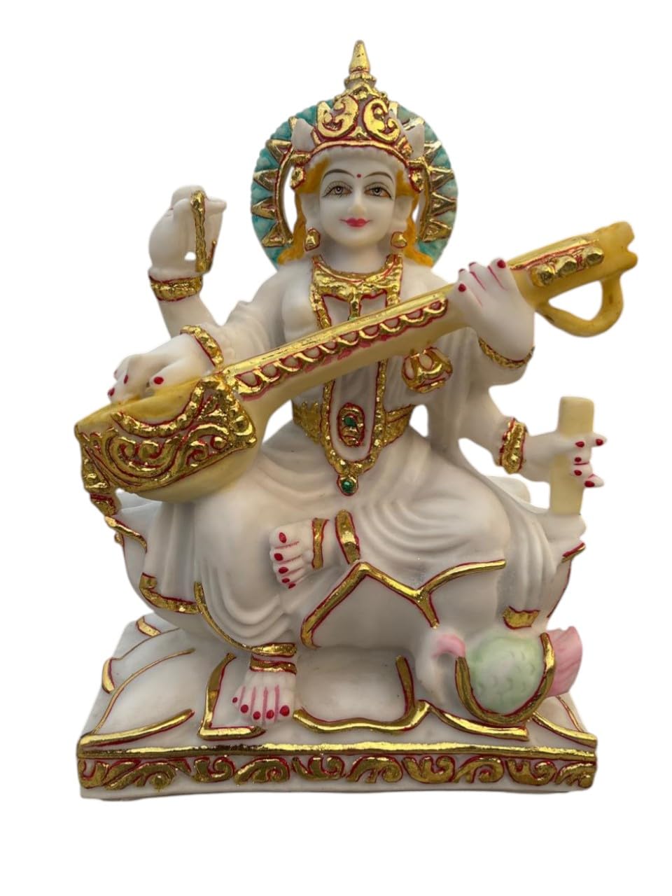CRAFTFUSION Culture Marble Large Saraswati Idol 15 Inch | White Marble Finish Saraswati Murti for Home Temple, School & Office | Vastu Spiritual Décor Statue