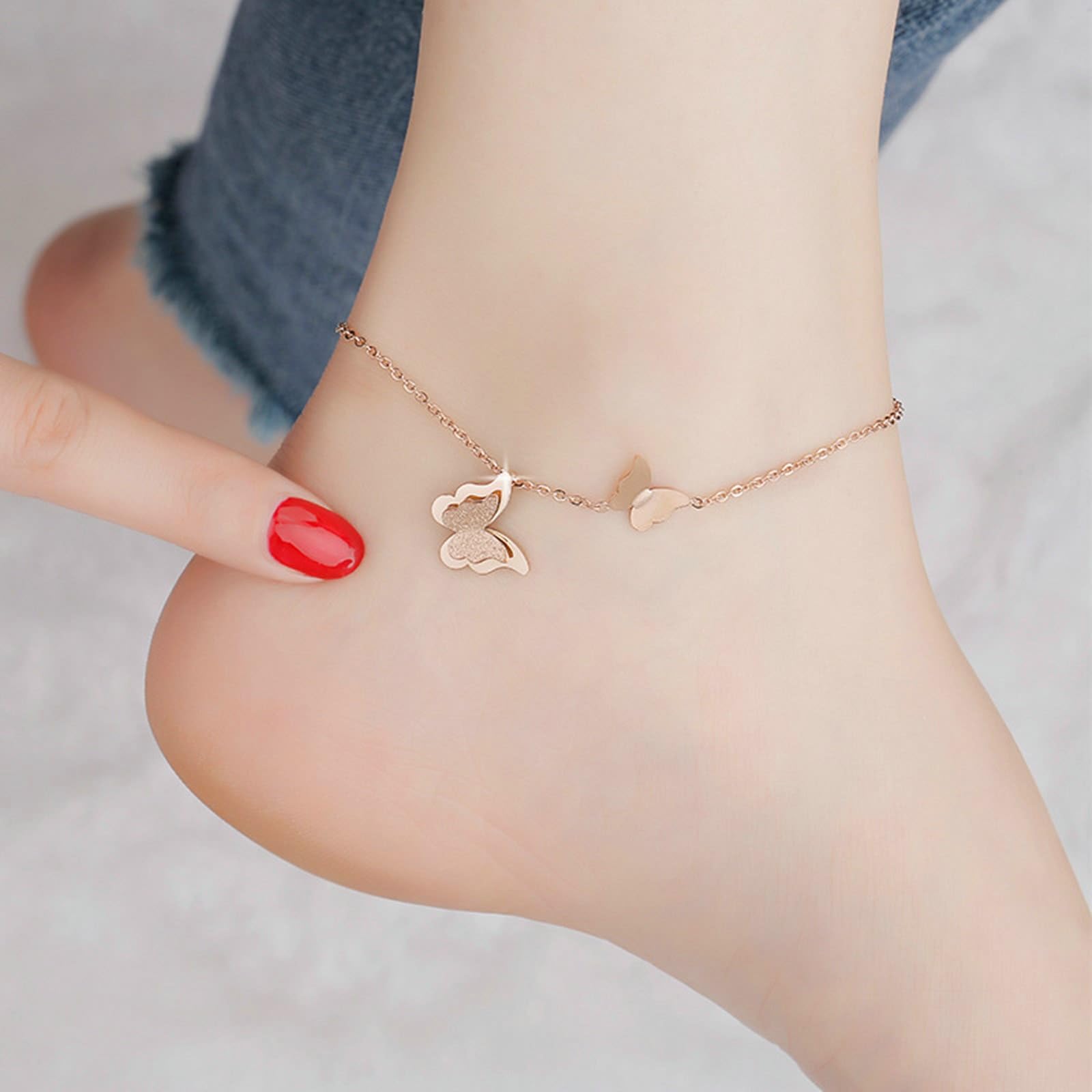 Cavigliera da donna impermeabile oro rosa 14 K 585, oro rosa Au585 opaco doppia farfalla cavigliera con glitter estivi spiaggia sandali nudi gioielli bracciale bracciale 25 cm di lunghezza