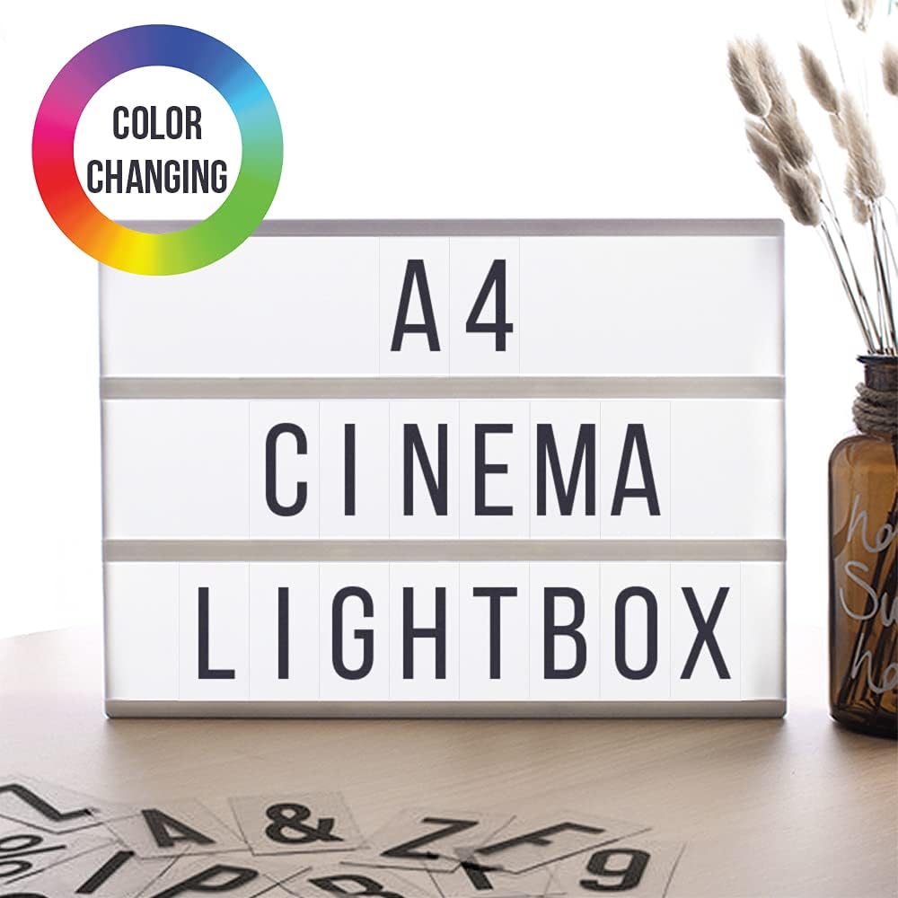 Large A4 Cinematic Light Box with Remote Control and 211 Letters and Colored Emojis. Light up Letters for LED Message Board, Sign, Marquee. USB and AA Battery. Light up Letter Box by BestCircle