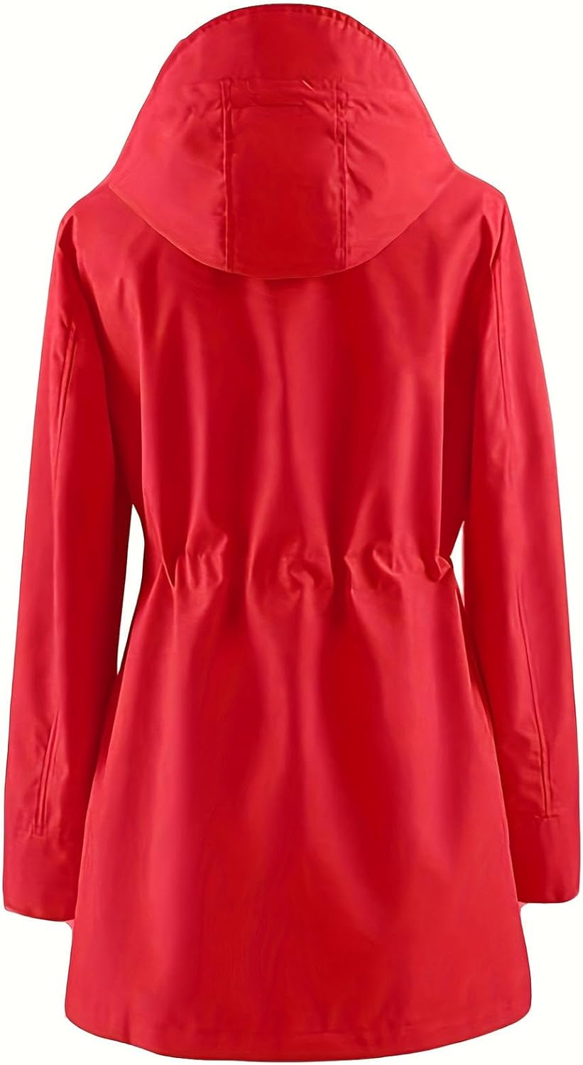 Women's Long Rain Jackets with Hood Waterproof Trench Coat Outdoor Hiking Windbreaker Lace-Up Waist Raincoats