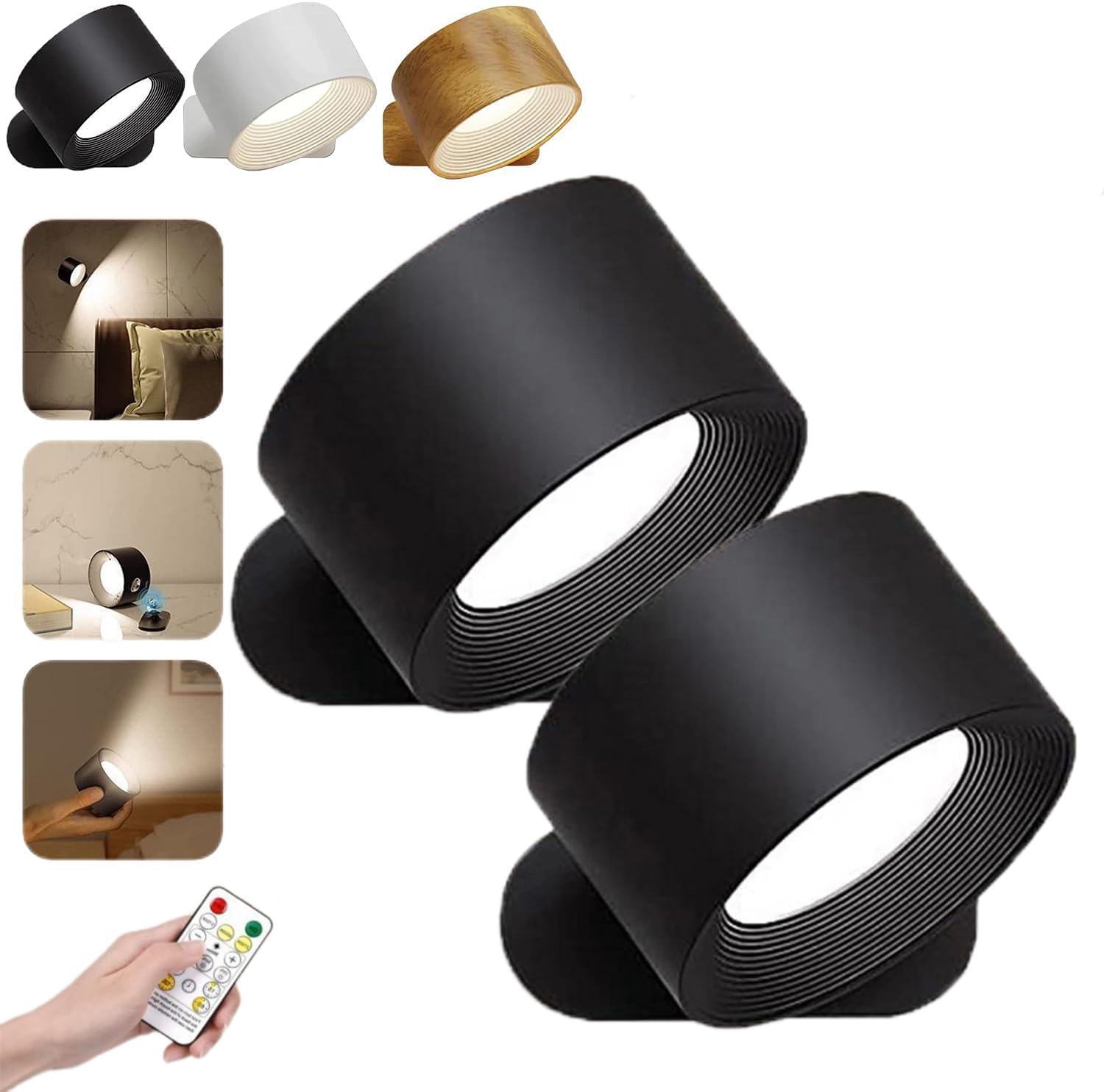 Lights of Sweden Wall Lights, Rechargeable Wall Mounted Sconces,3 Color Modes 3 Brightness Levels 360°Rotation Lighting, for Bedroom Reading Bedside (Remote-2 Pack) (Black)