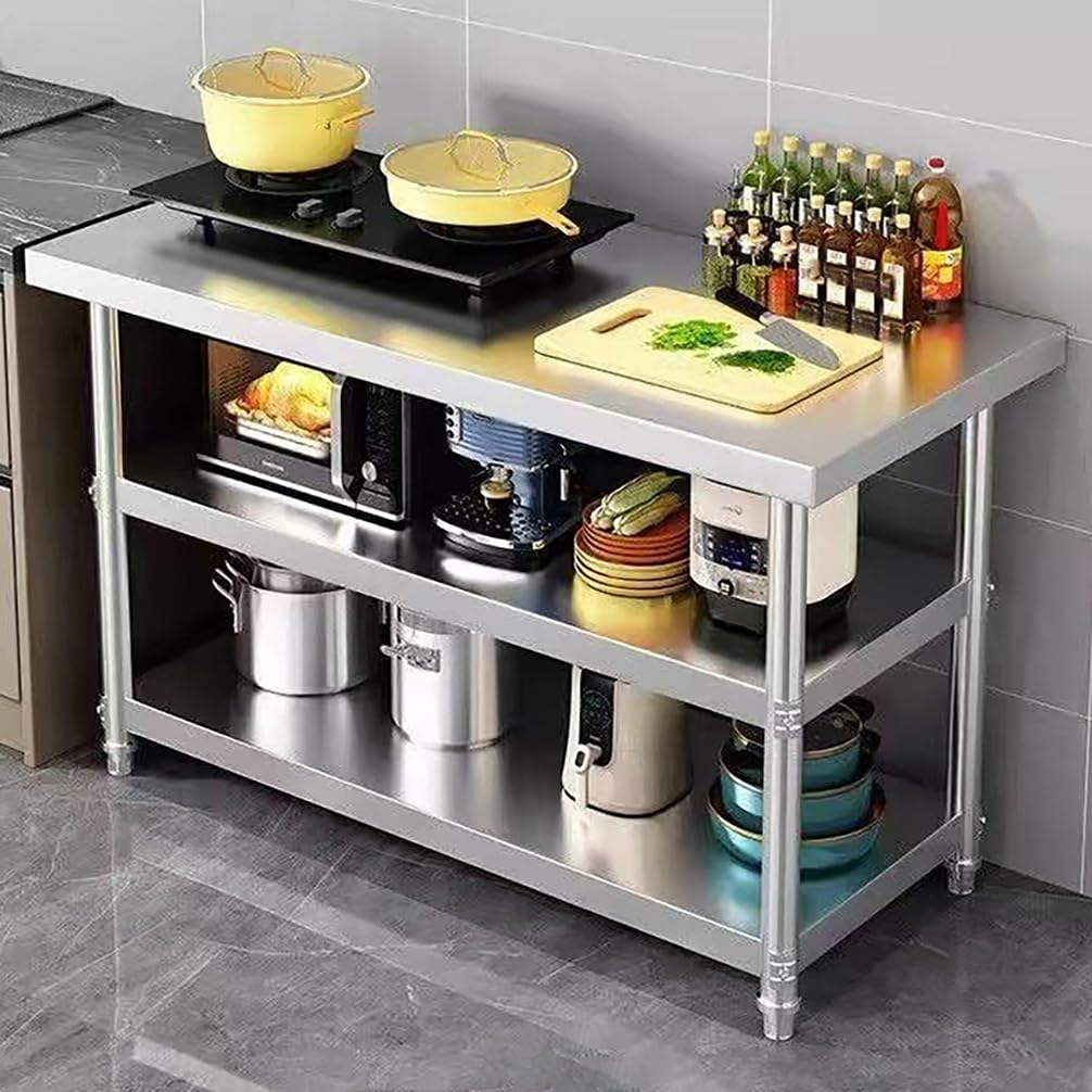 Mesa De Preparación De Acero Inoxidable De 180Cm con Patas Y Estantes Ajustables Estación De Trabajo De Cocina Tres Niveles Bancada Profesional para Talleres,Plata,L150*H80*W50