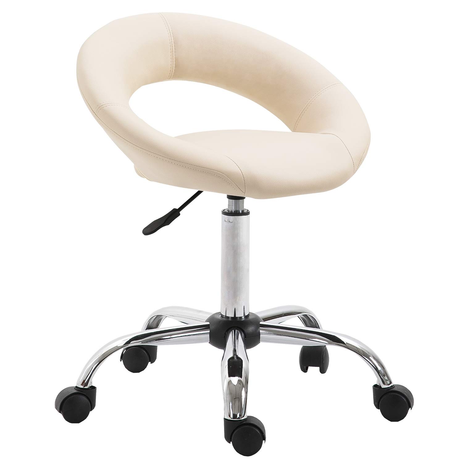 Duhome Drehstuhl mit Rollen, Rollhocker Kunstleder Drehhocker Schminktisch Hocker mit Lehne Arbeitshocker Bürohocker Höhenverstellbar, Creme