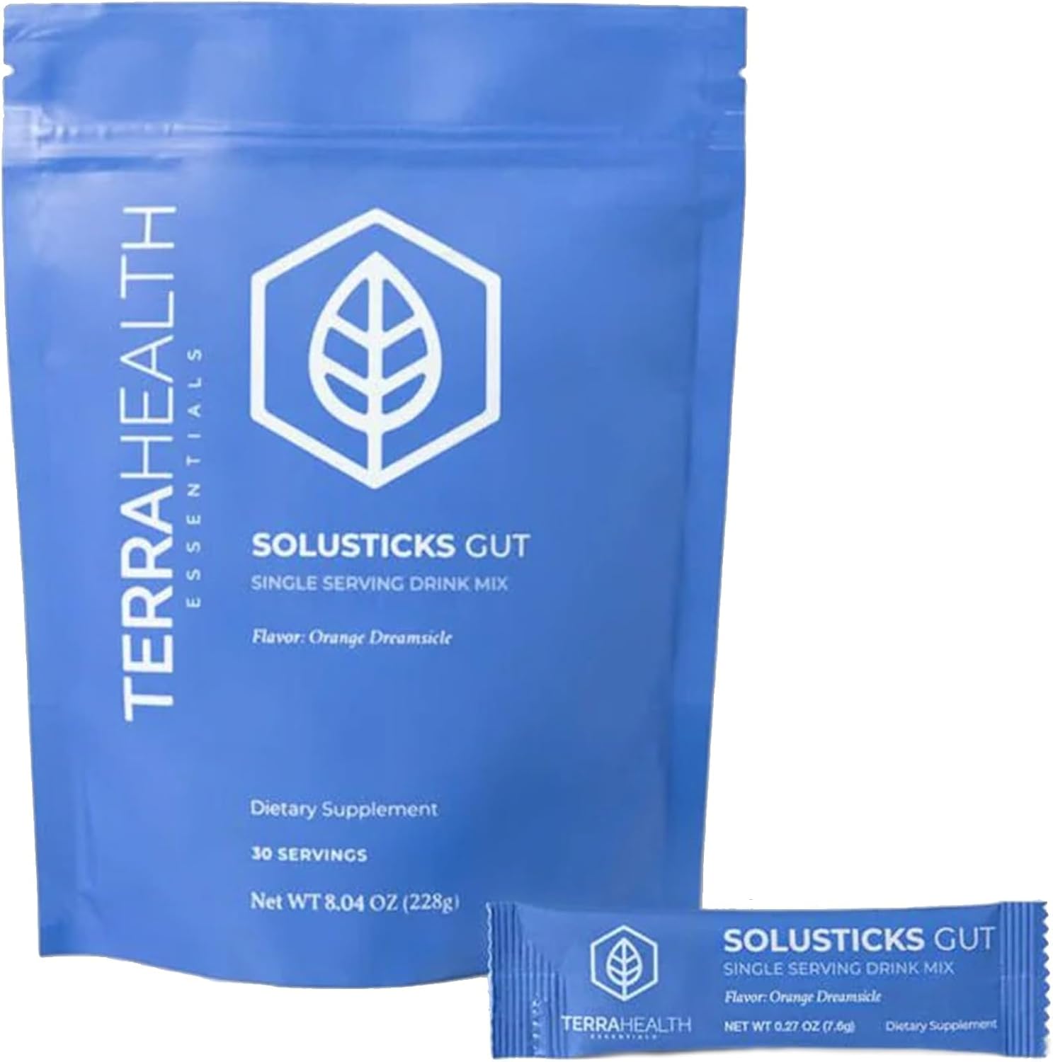 Terra Health Essentials Solusticks Gut - Leaky Gut Supplement - Complete Stomach Lining Repair, Digestive Support & Muscle Recovery - Slippery Elm, Licorice, L Glutamine Powder - Orange, 30 Sticks