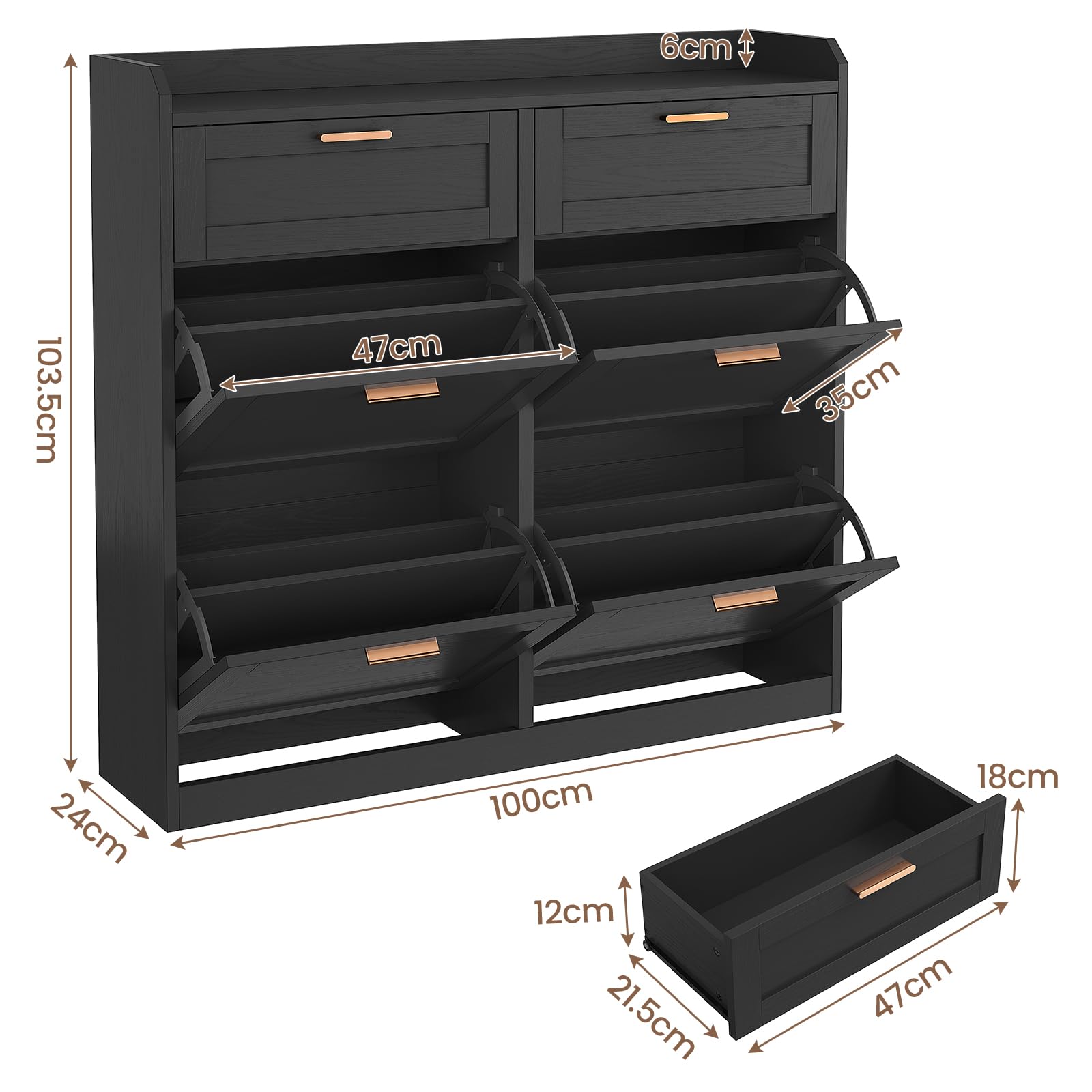 KIMENICH Scarpiera con 4 Scomparti a Ribalta, Scarpiera Salvaspazio, Scarpieras con 2 Cassetti, Divisorio Regolabile, per 16-24 Paia di Scarpe, Corridoio, Ingresso, 24 x 100 x 103 cm, Nero