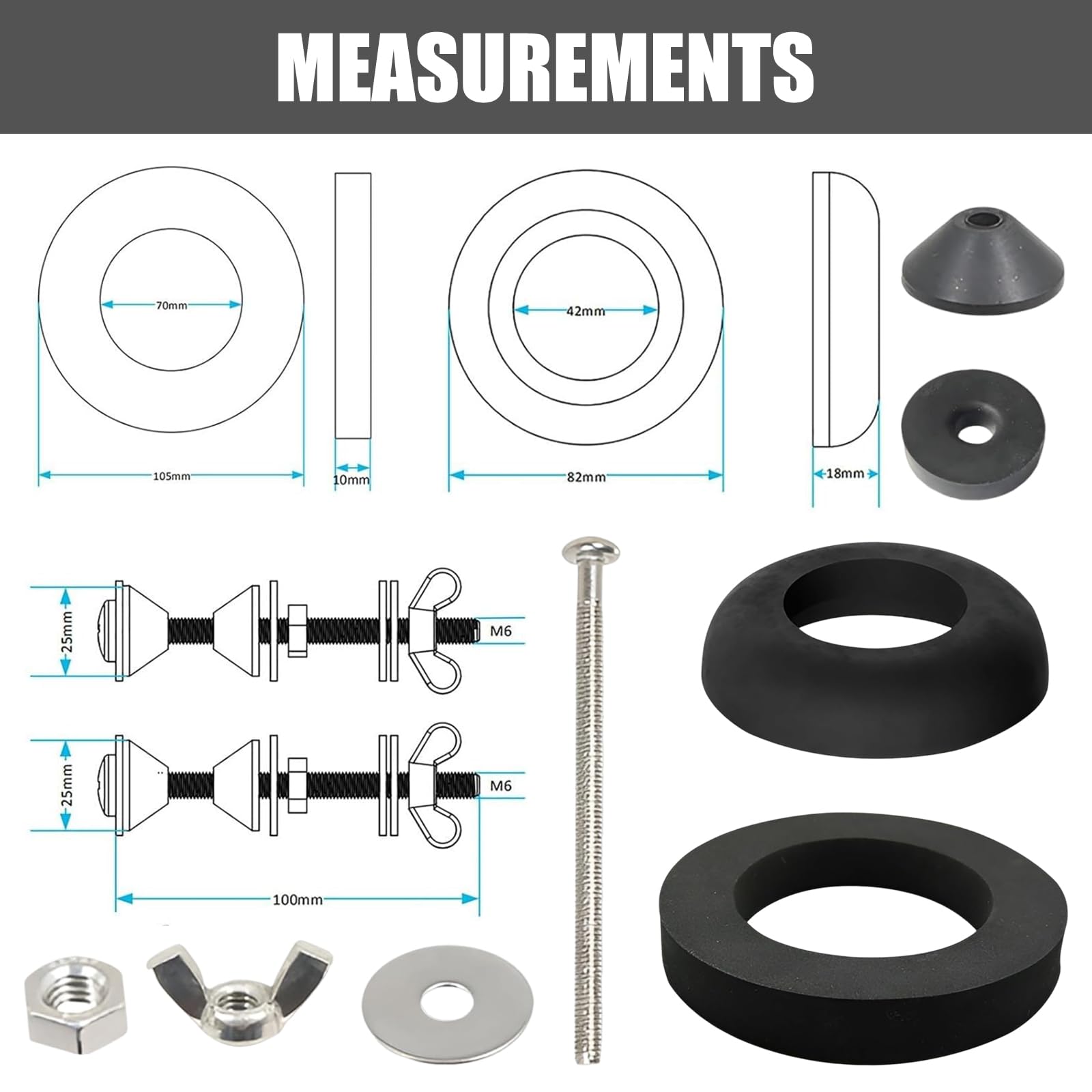 Close Coupled Toilet Cistern Kit 1 Pair Toilet Cistern Seal,Toilet Repair Replacement Kit,Stainless Steel,M6 Bolts Through 2-Inch,3-Inch Sealing Rings,Suitable for Repairing Toilet Tanks - Image 4