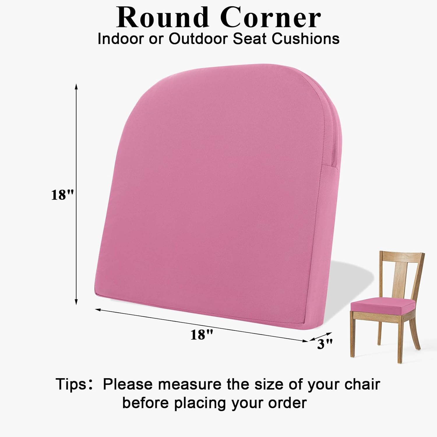 Topotdor Outdoor Chair Cushions for Patio Furniture,Waterproof Patio Chair Cushions Set of 4,Indoor/Outdoor Round Corner Chair Seat Cushion with Ties,18"x18"x3" Pink