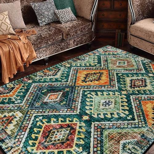 Vintage Area Rugs, Living Room Rug, Diamond Geometric Splicing Ethnic Green Rugs Non-Slip Short Pile Rugs Soft Washable Chic Traditional Rug For Kitchen Bedroom Kidsroom Decor Carpet 140 x 200 cm - Image 2
