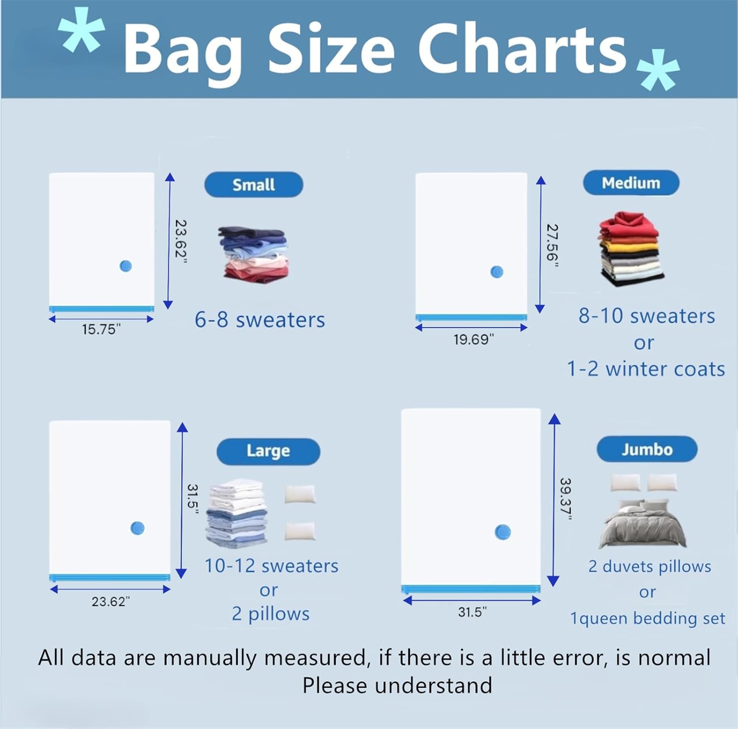 Pack 真空収納バッグ、ブルー透明 気密ダスト防湿 超大容量 80%省スペースバッグ ハンドポンプ付き (8)