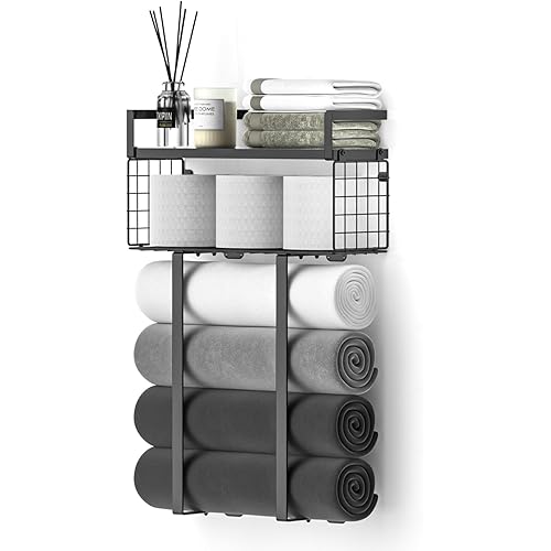 Towel Racks for Bathroom, Metal Towel Holder with Storage Basket,Wall Towel Rack for Rolled Towels, Towel Storage for Small Bathroom,Black