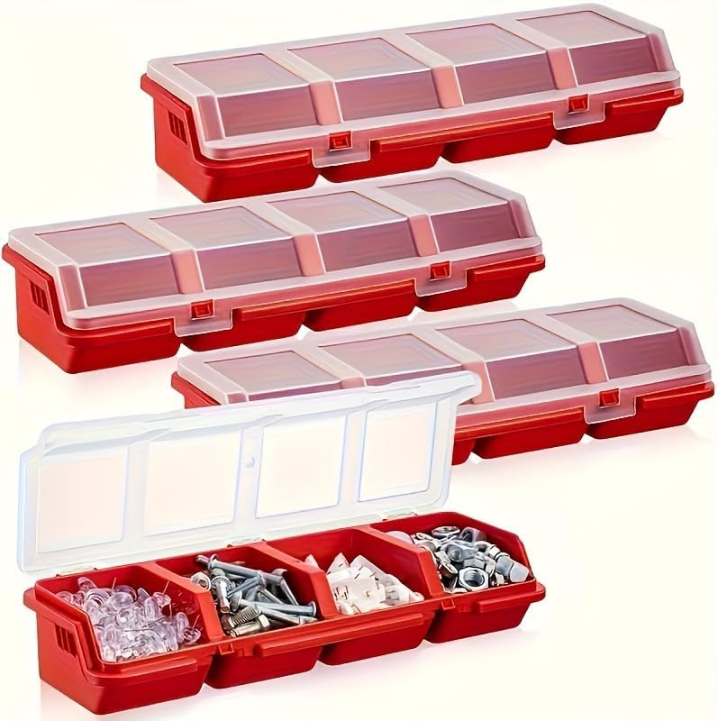 4-Compartment Small Screw Parts Box, Storage Case 1pcs Red, Electronic Hardware Accessories, Small Plastic Parts, Slanted Lid with Cover