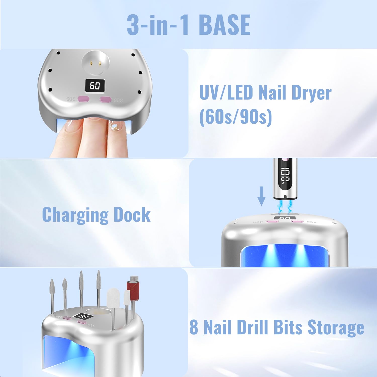 Denabuty Cordless Electric Nail Drill File: 35000RPM Professional Nail Drill Machine with UV LED Nail Lamp Charging Base 2 in 1 - Image 4