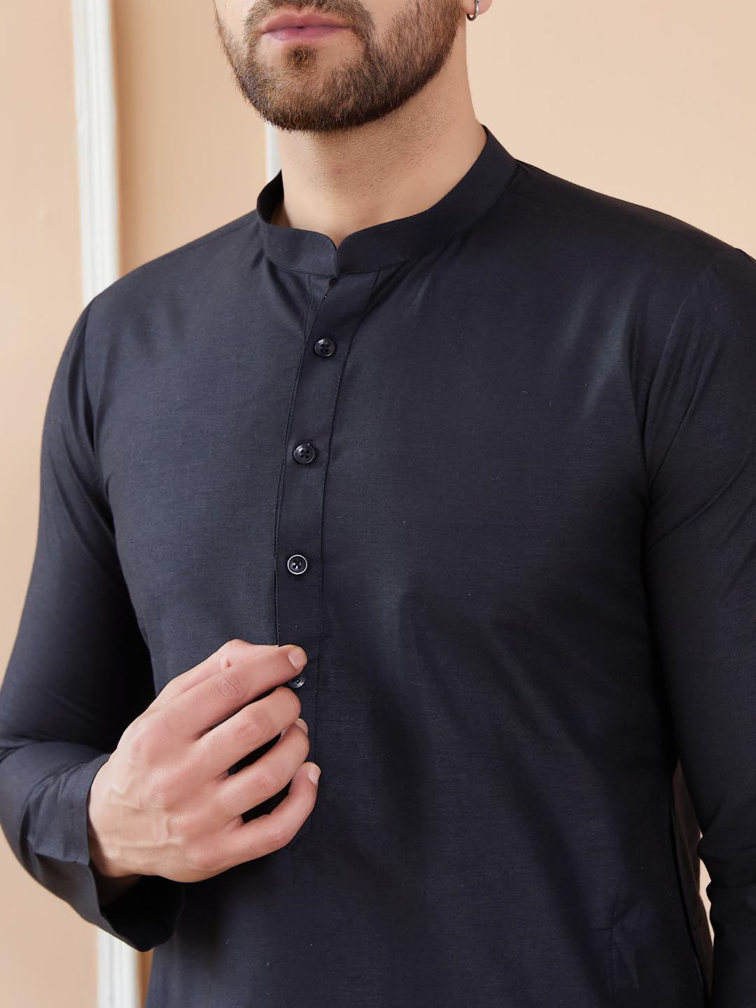 See Designs Men Full Sleeve Side Slit Black Cotton Solid Straight Mandarin Collar Kurta - Sdkt2411Xl