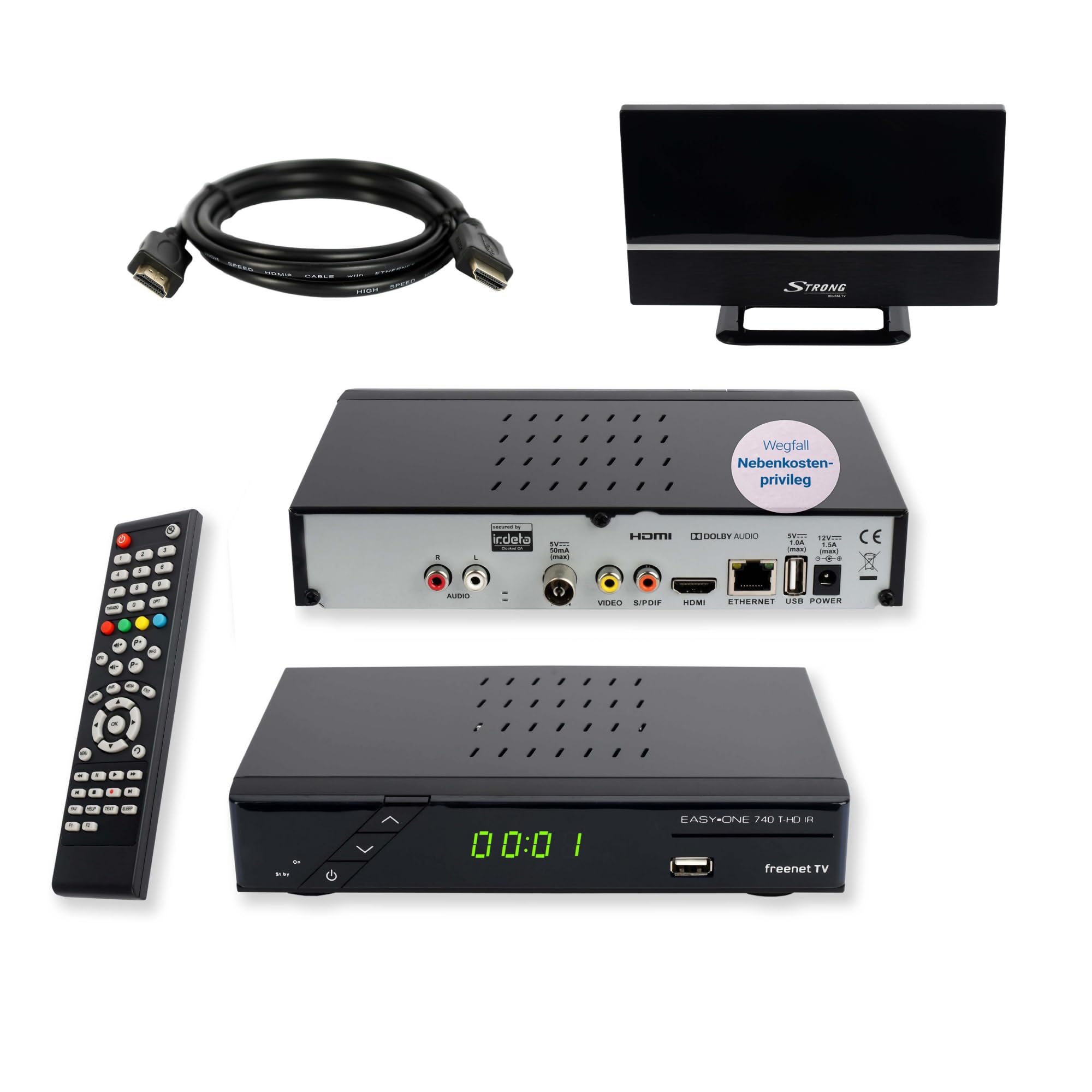 Set-ONE EasyOne 740 HD DVB-T2 Receiver, Freenet TV (Private Sender in HD), Full-HD 1080p, HDMI, USB 2.0, 12V tauglich, 2m HDMI Kabel, DVB-T2 Zimmerantenne