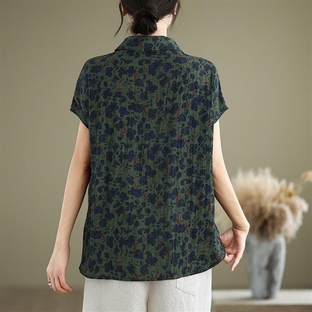 Tops Da Donna In Lino Di Cotone Ultra Sottile Con Stampa Floreale Retrò Camicia Abbottonata A Maniche Corte Con Risvolto Camicetta Comfort Estiva