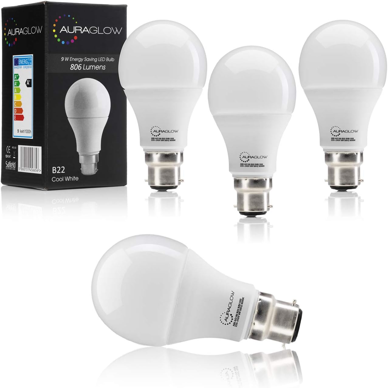 Auraglow 9w LED B22 Bayonet Light Bulb, Daylight Cool White, 60w EQV - Four Pack