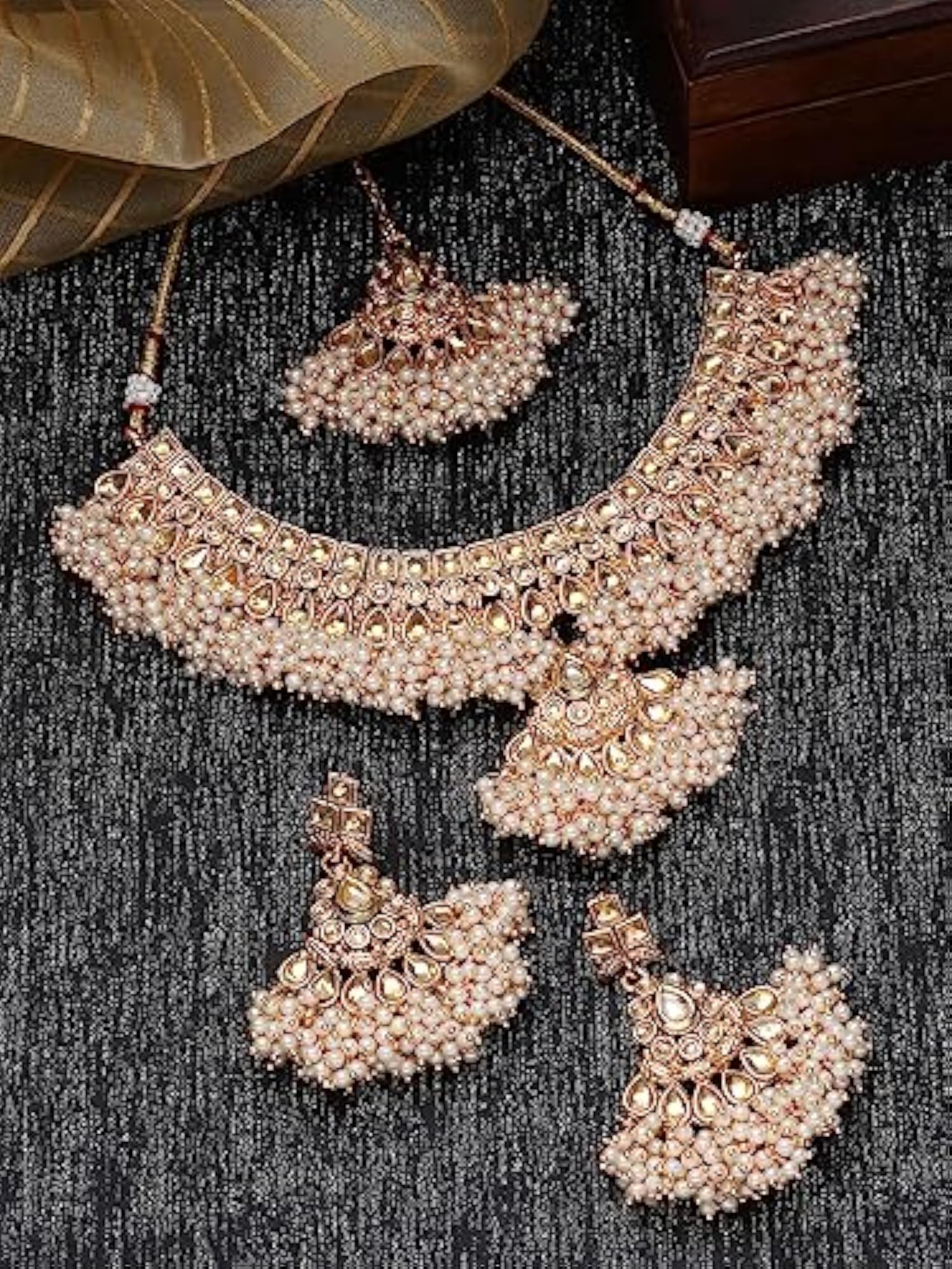 Ethnic Plated Kundan & Beads Copper Collar Bone Necklace Set