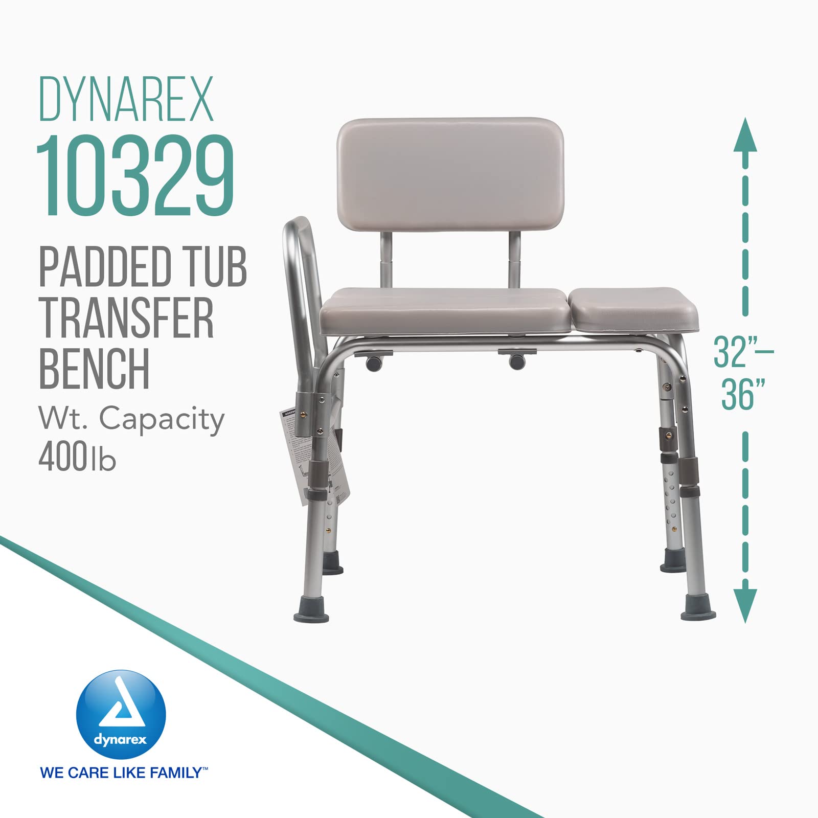 Dynarex Padded Tub Transfer Bench, Provides Stress-Free and Comfortably Cushioned Seated Access to a Bathtub or Shower, 400 lb. Weight Capacity, Grey, 1 Padded Tub Transfer Bench