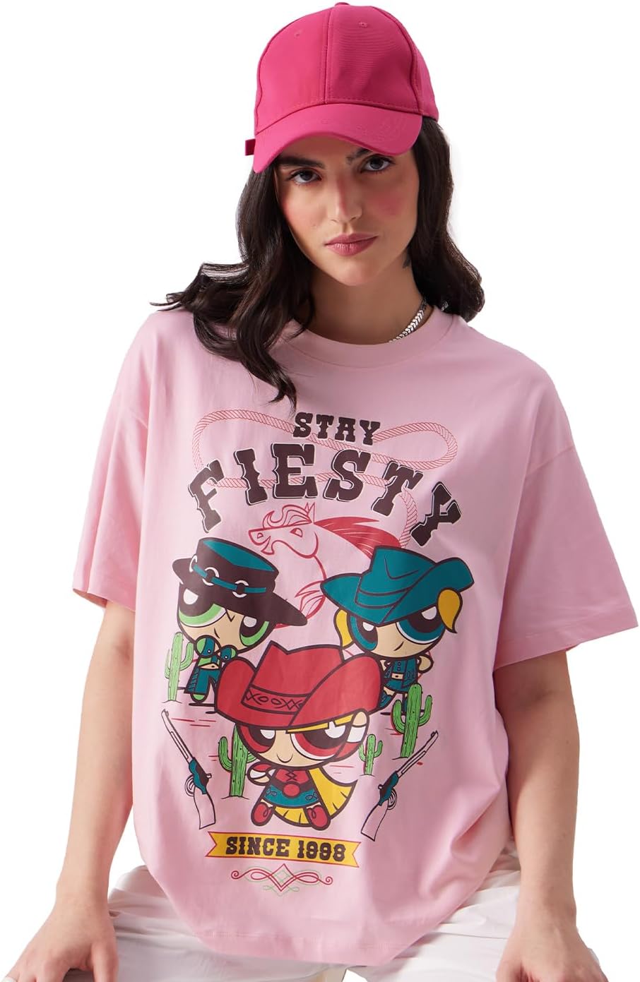 Powerpuff Girls: Stay Fiesty Womens Oversized Fit Graphic Printed Half Sleeve Cotton Pink Women Oversized T-Shirts
