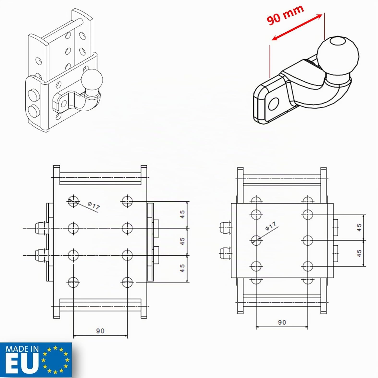 XIMPLIO Attelage universel réglable en hauteur – Réglage de la hauteur de boule avec systčme de changement AHK-Bock (pour 2 trous 90 mm AHK, noir, 3 x 45 mm)