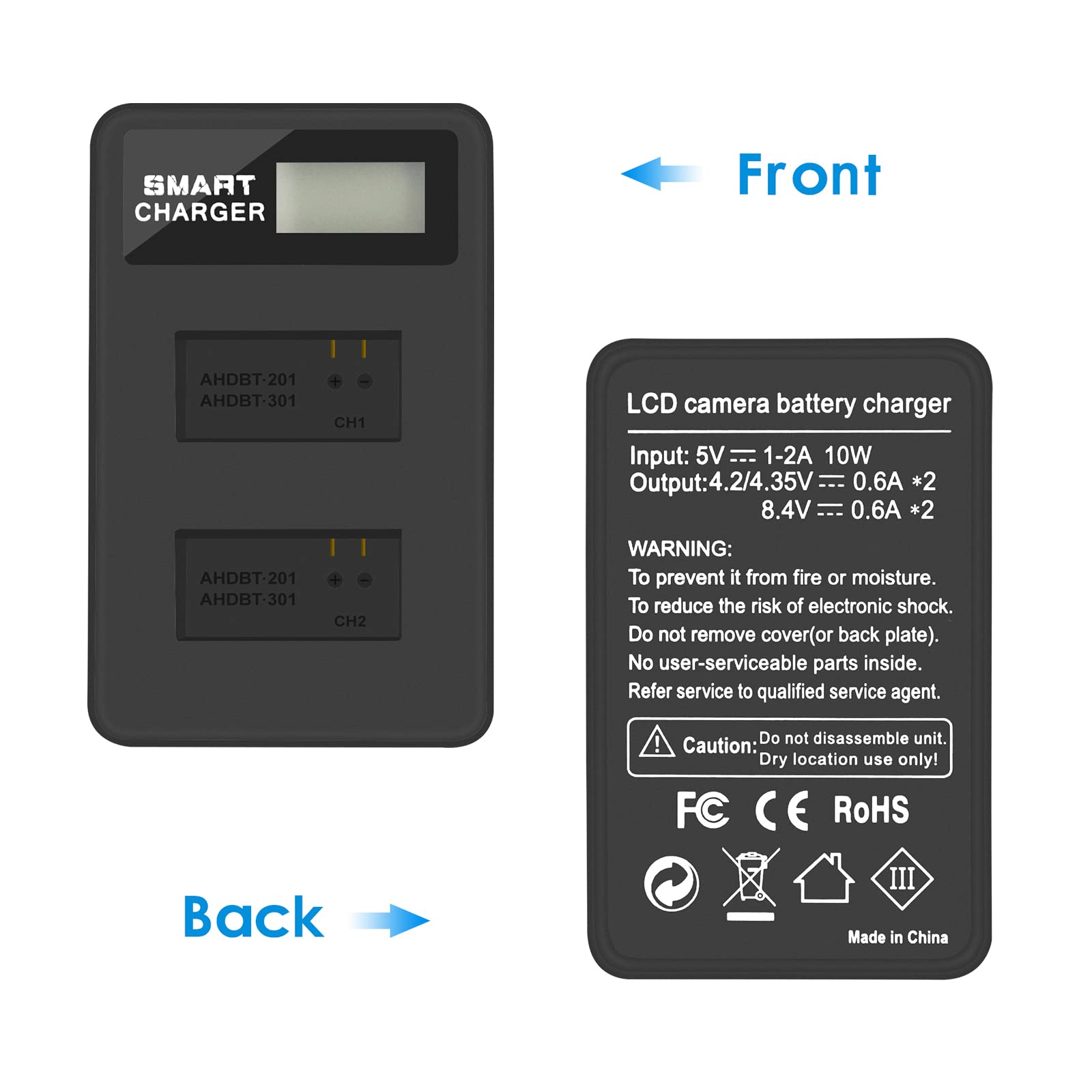 2 pièces 1600mAh pour Batterie de caméra GoPro AHDBT-201/301 avec Double Chargeur de Batterie pour Batterie Gopro Hero 3 3+ AHDBT-301, AHDBT-201