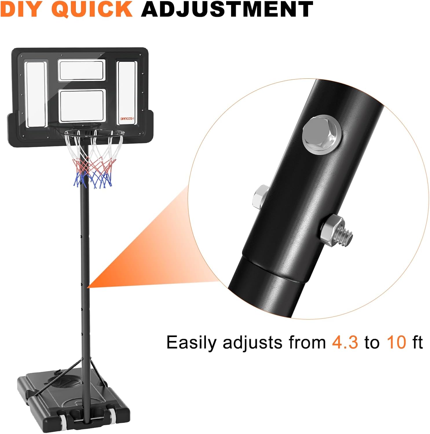 Basketball Hoop Outdoor Indoor Sport Portable PVC Backboard for Junior Teenagers Youth Adults, Adjustable 4.9-10 ft Pool Basketball Goal