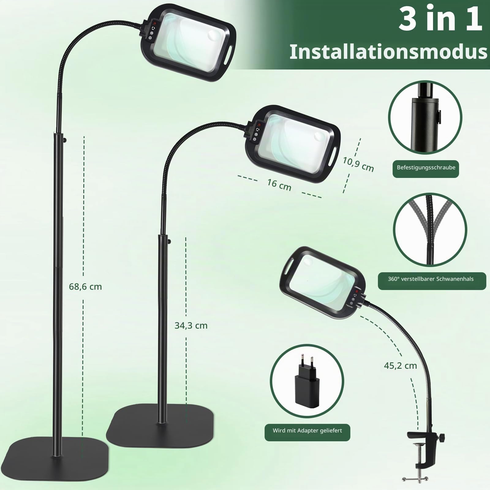 GABORISH 10X Standlupe mit Licht und Ständer, 3 in 1 Lupenlampe mit 60 LED, Rechteckige Flexible Schwanenhals Lupenleuchte mit Klemme, 5 Farbmodi Dimmbar Händefrei Leselupe mit Licht für Senioren Groß