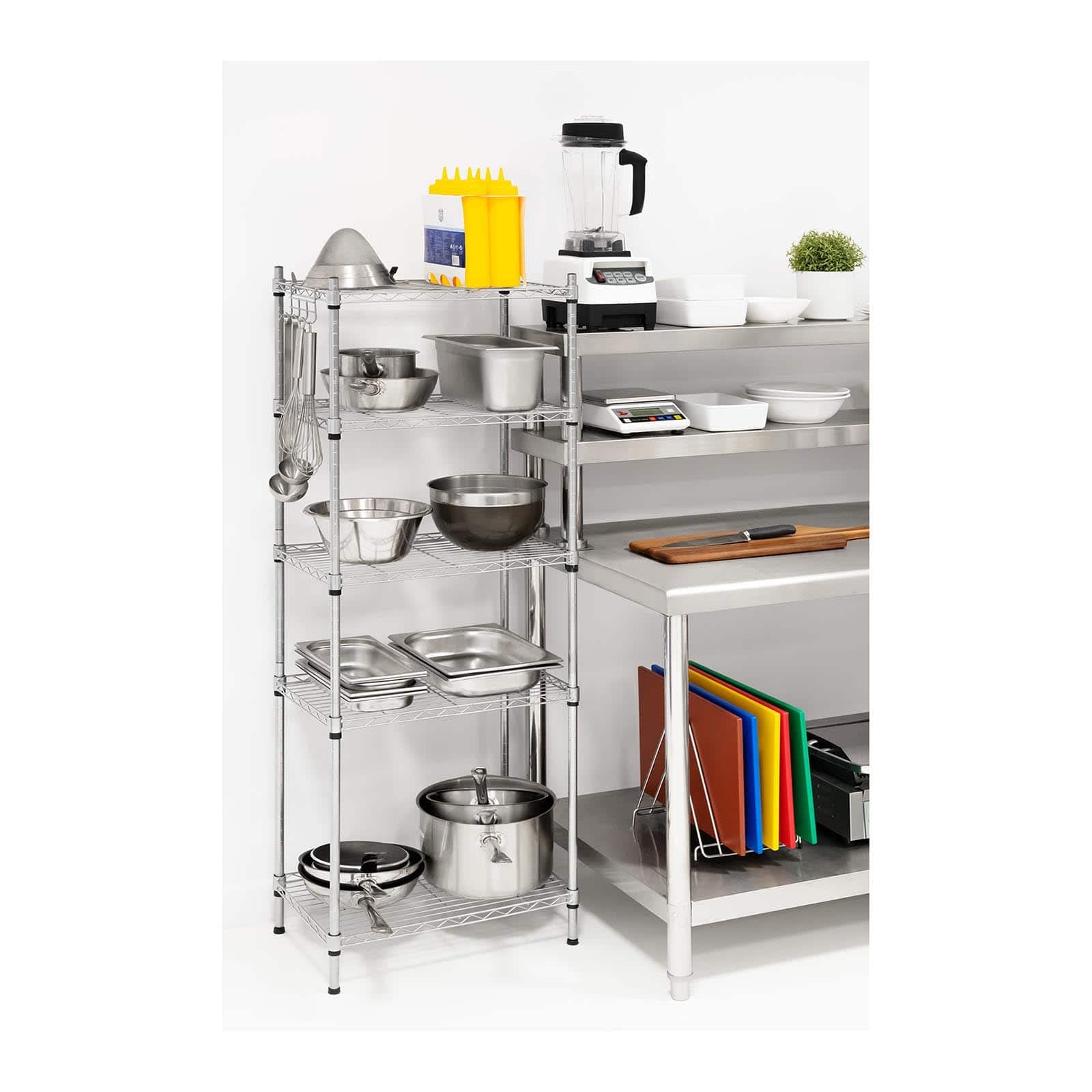 Royal Catering RCMR-1500P19 Mensola Metallica Modulabile (35x55x150 cm, 5 Ripiani Max 150 Kg, Resina Epoxica, Grigio)