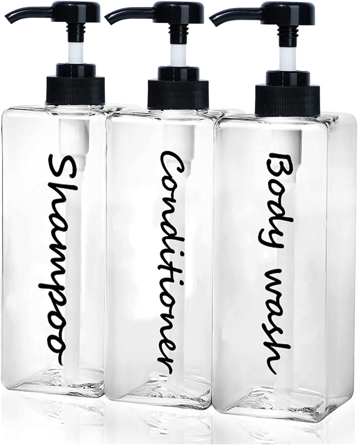 Dispensador de champú, botellas recargables de champú y acondicionador (transparente, juego de 3, 21 onzas) - Botellas de champú modernas para jabón de ducha - Dispensador de champú y acondicionador