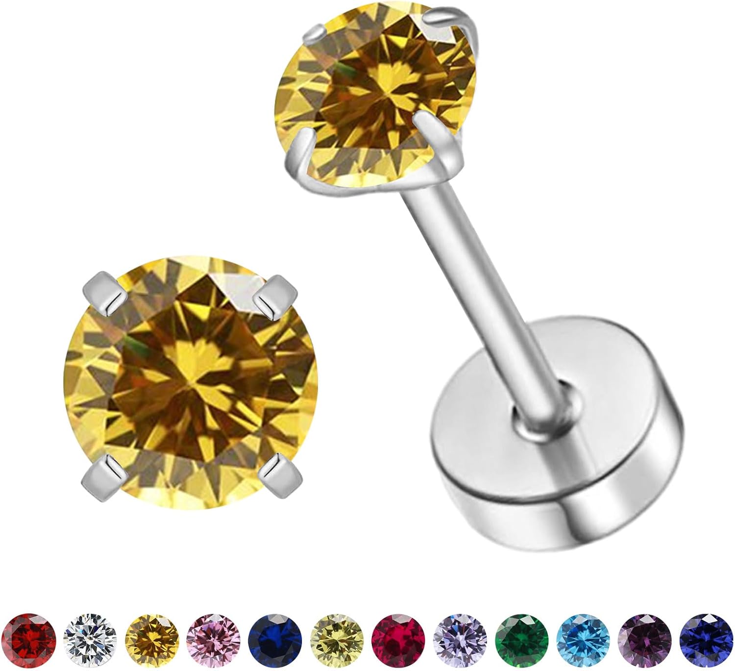 Natural Birthstone Stud Earrings for Women Teen Girls, Small 3mm CZ Stud Flat Back Earrings, Screw Back Tiny Earrings Studs, Cartilage/Tragus/Second Hole Earrings