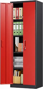 Aobabo 24" W Metal Storage Cabinet with Locking Doors and Adjustable Shelves,Black Red