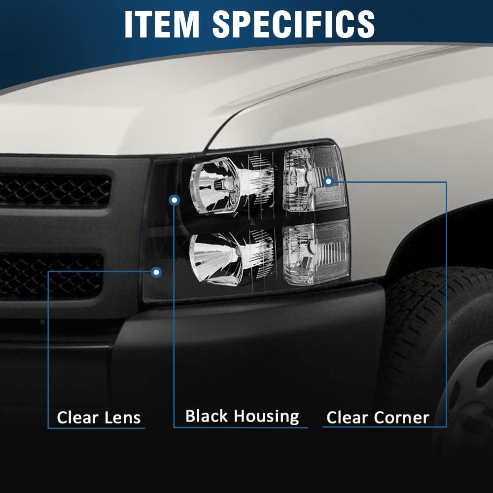 Headlights Assembly for 2007-2013 Chevy Silverado 1500 | 2007-2014 Chevy Silverado 2500/3500 Black Housing Clear Reflector Clear Lens Replacement Driver and Passenger Side