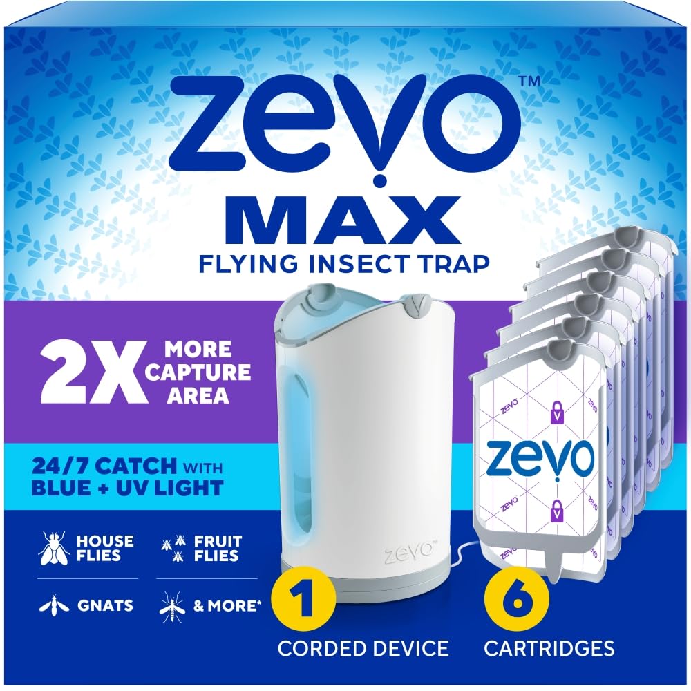 Zevo MAX Bug Catcher & Fly Trap for Indoors - Flying Insect Trap for Gnats, House & Fruit Flies - Use in Any Room - No-Mess Disposal (1 Plug in Base & 6 Cartridges)