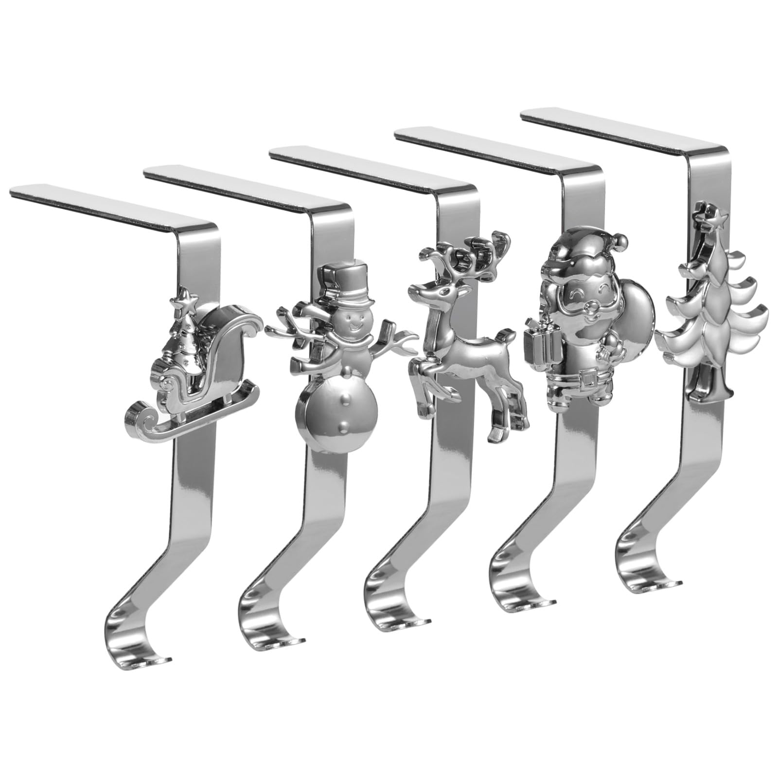 5 soportes para calcetines de Navidad para chimenea, ganchos de metal plateado con ciervos, muñeco de nieve, árbol, trineo, Papá Noel, ganchos resistentes para mantel, 16 x 9,9 cm
