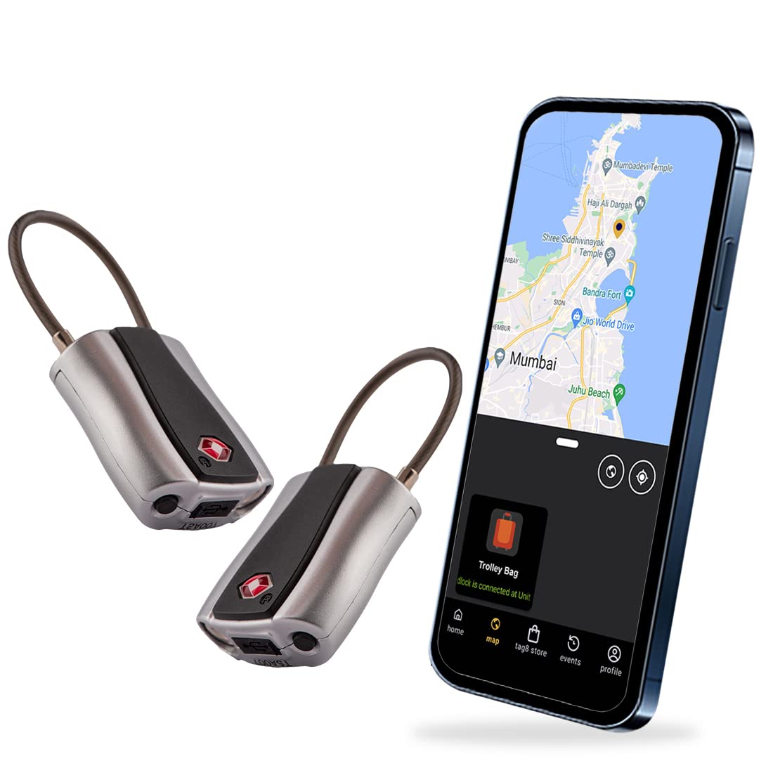 Tag8 Dolphin Bluetooth Smart Padlock (Pack-2) for Bag, Luggage and Suitcase With Alarm, TSA-Compliant, Keyless and Code-Less, Unlock via Phone App, Silver, Alloy Steel