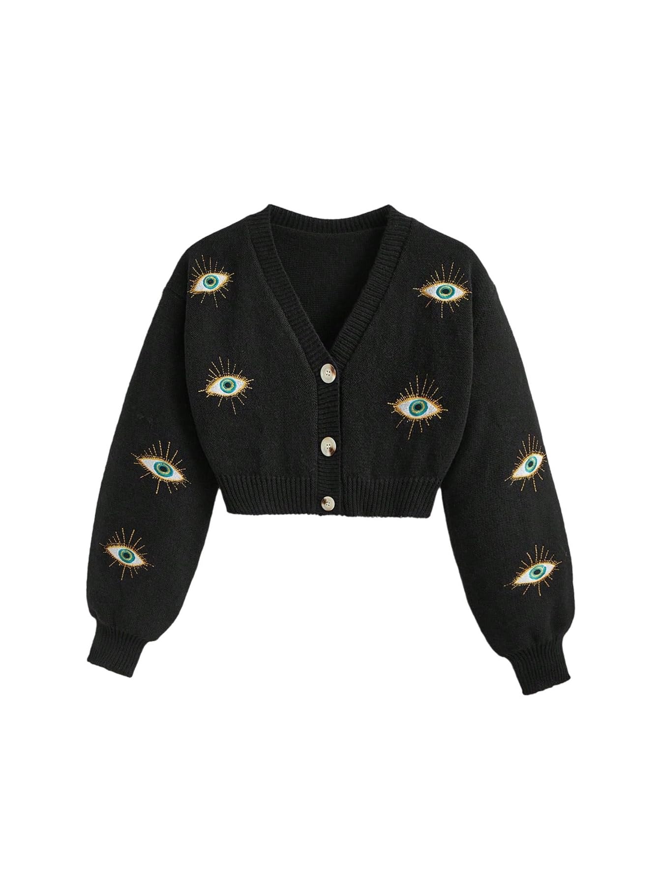 Womens Plus Size Eye Embroidered Cardigans V Neck Button Down Cropped Sweaters Y2k Tops