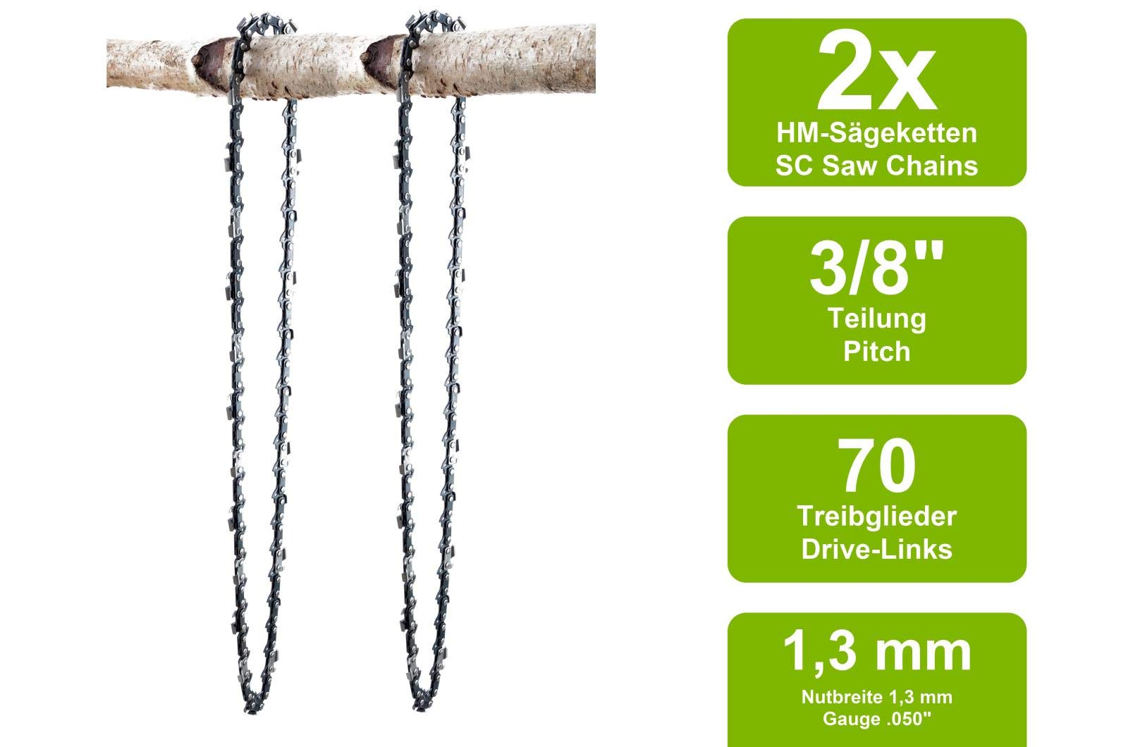 2 Chaînes + guide adapté pour Echo CS-500EVL | 50cm 3/8 70M 1,3mm