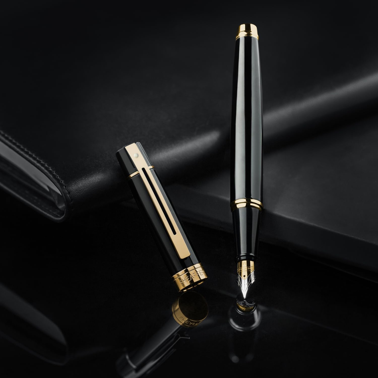 Sheaffer 300 Glossy Black Fountain Pen with Gold Tone Trim and Medium Nib