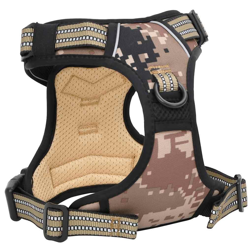 Pettorina per cani riflettente, regolabile, mimetica, marrone, XL, in poliestere, con 4 cinghie e 2 anelli per guinzaglio, traspirante, lavabile, per passeggiate sicure e comfort durante