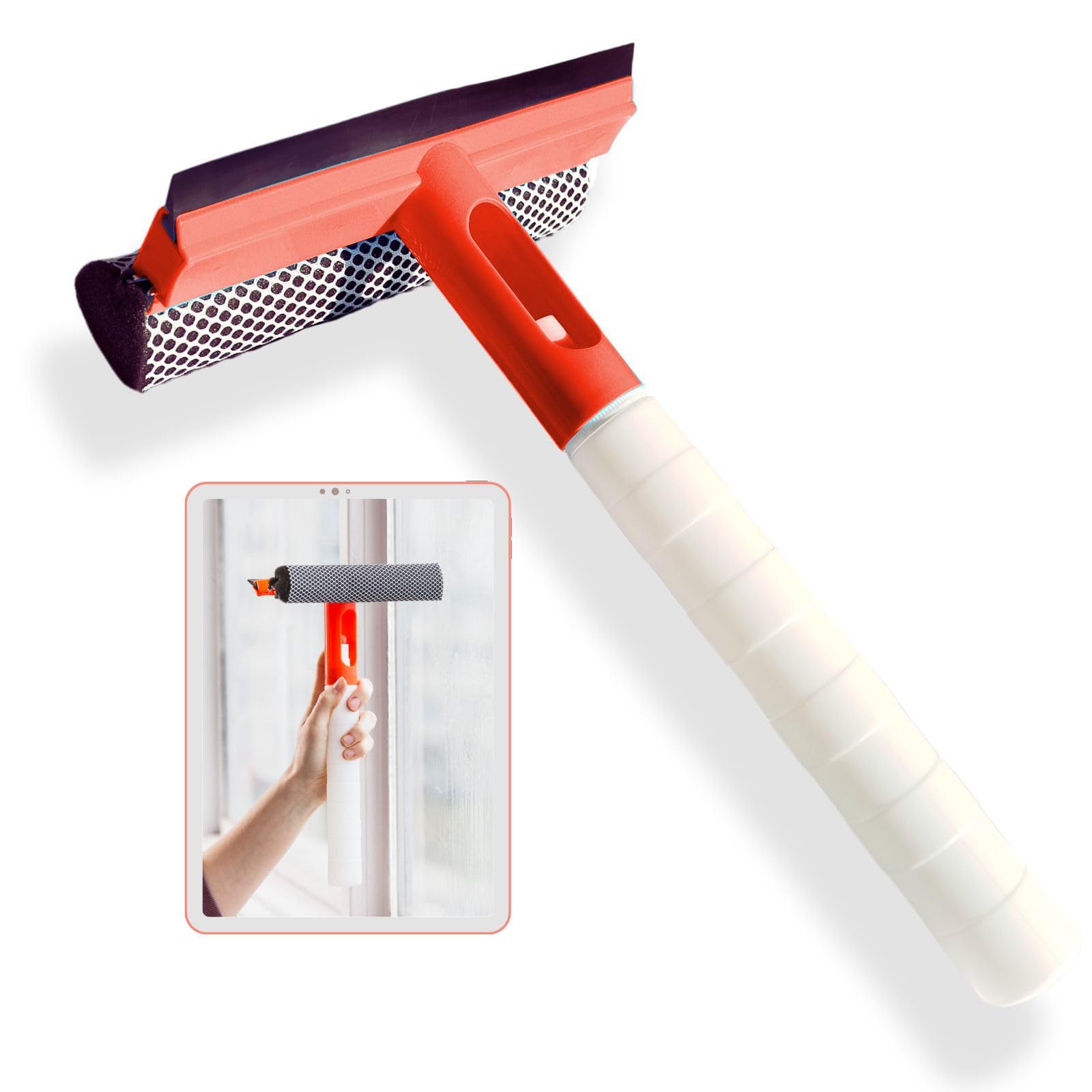 Limpia Cristales 3en1 rasqueta de Goma+Esponja limpiadora +depósito para Rellenar con líquido Limpiador. Limpiacristales Multiusos para el hogar, Coche u Oficina. (Naranja)