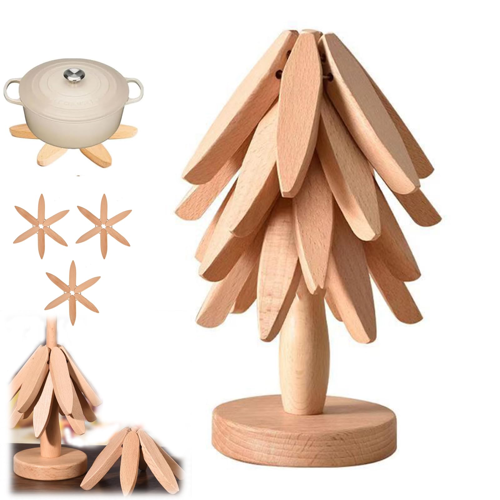 Lot de 3 dessous de plat en bois en forme d'arbre avec tapis chauffant pliable en bois pour servir des plats chauds, couleur bois d'origine