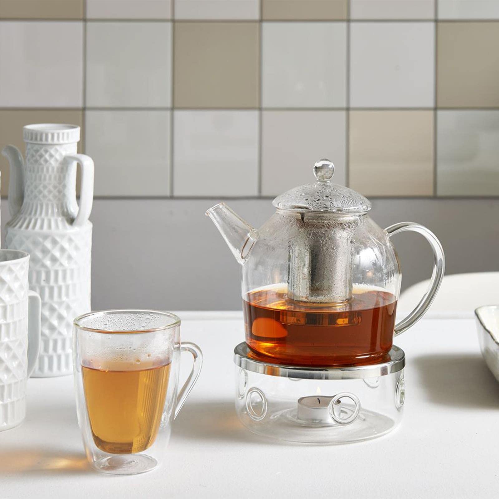 Bredemeijer große gläserne einwandige Teekanne 1.2 Liter & Teewärmer aus Glas