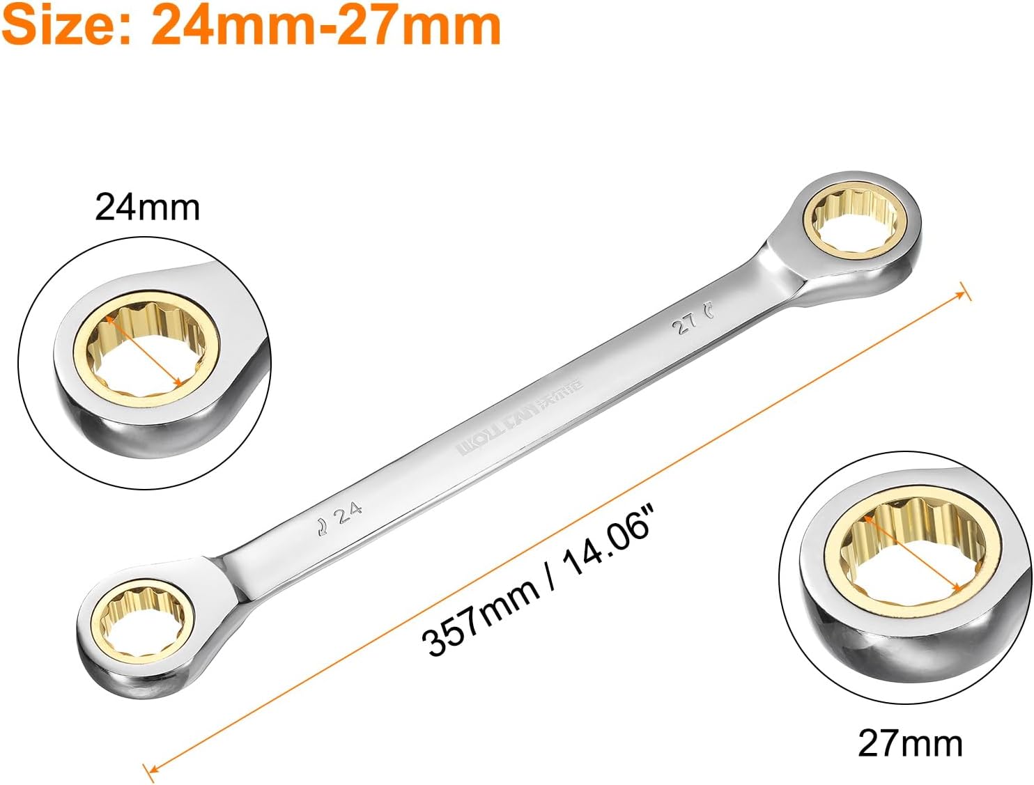 HARFINGTON Double Box End Ratcheting Wrench 24mm-27mm CR-V Steel Metric 12 Point Ratchet Wrench Black Nickel Plating Box End Spanner Tool with 72 Tooth Gear for Auto Repair DIY Project