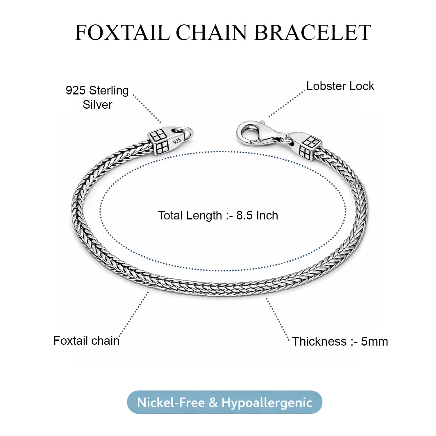 LeCalla Herrenarmband aus massivem 925er Sterlingsilber | Italienische handgefertigte Antik-Box- & geflochtene Fuchsschwanzkette | Biker-Armband | Schmuckgeschenk für Männer | 7,5–9 Zoll