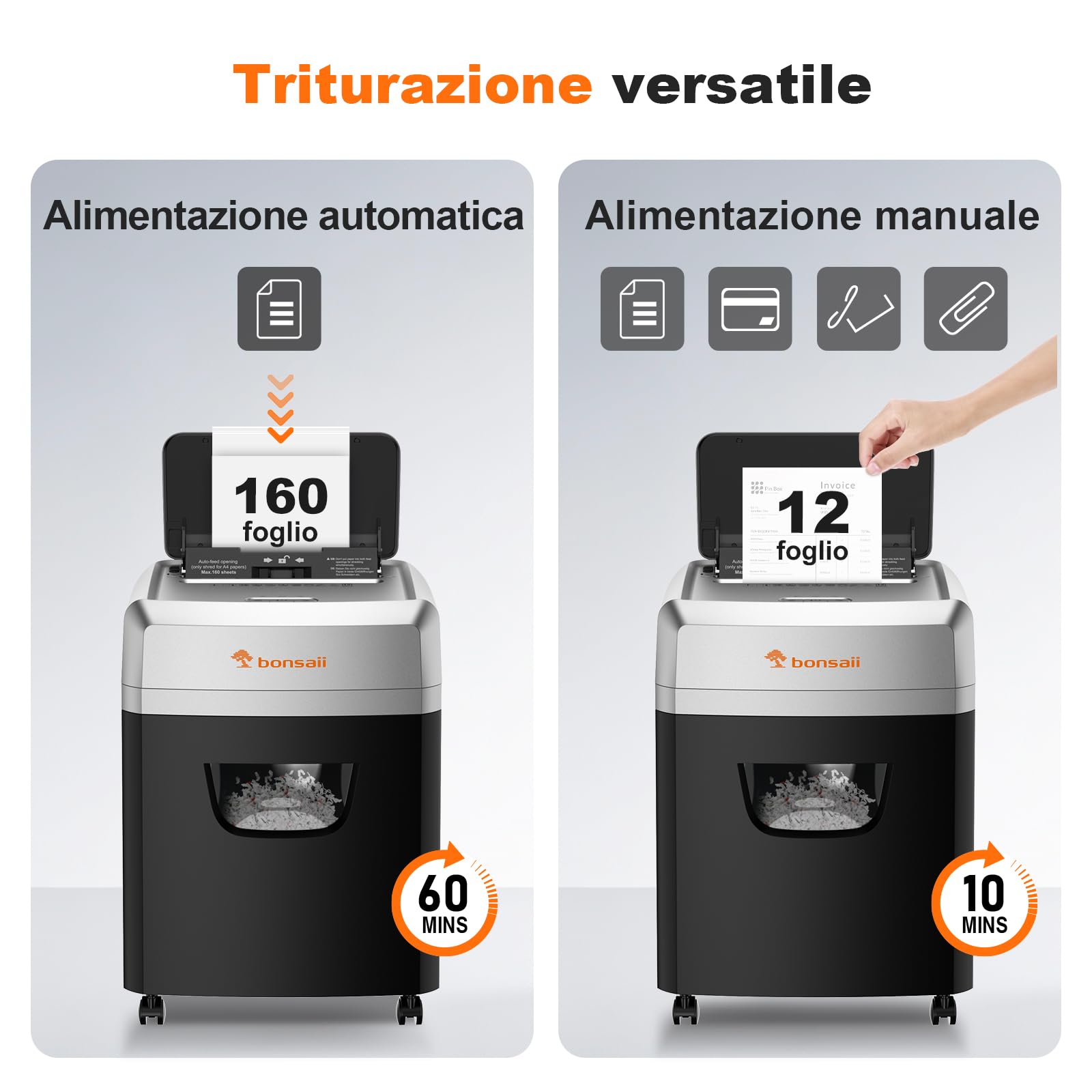 Bonsaii Distruggidocumenti con alimentazione automatica per 160 fogli, taglio a croce P-4, 60 minuti di funzionamento continuo, scatola di scarico da 23 litri, per uso ufficio C290-A