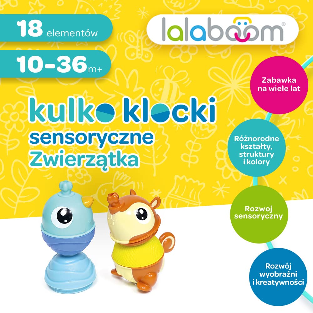 Trefl, Lalaboom - Kulko-klocki Sensoryczne, Zwierzątka - Zestaw 18 Elementów, Zabawka 4w1, Klocki dla Maluchów, Rozwój Motoryczny, Bezpieczna Zabawka Edukacyjna dla Dzieci od 10 miesięcy