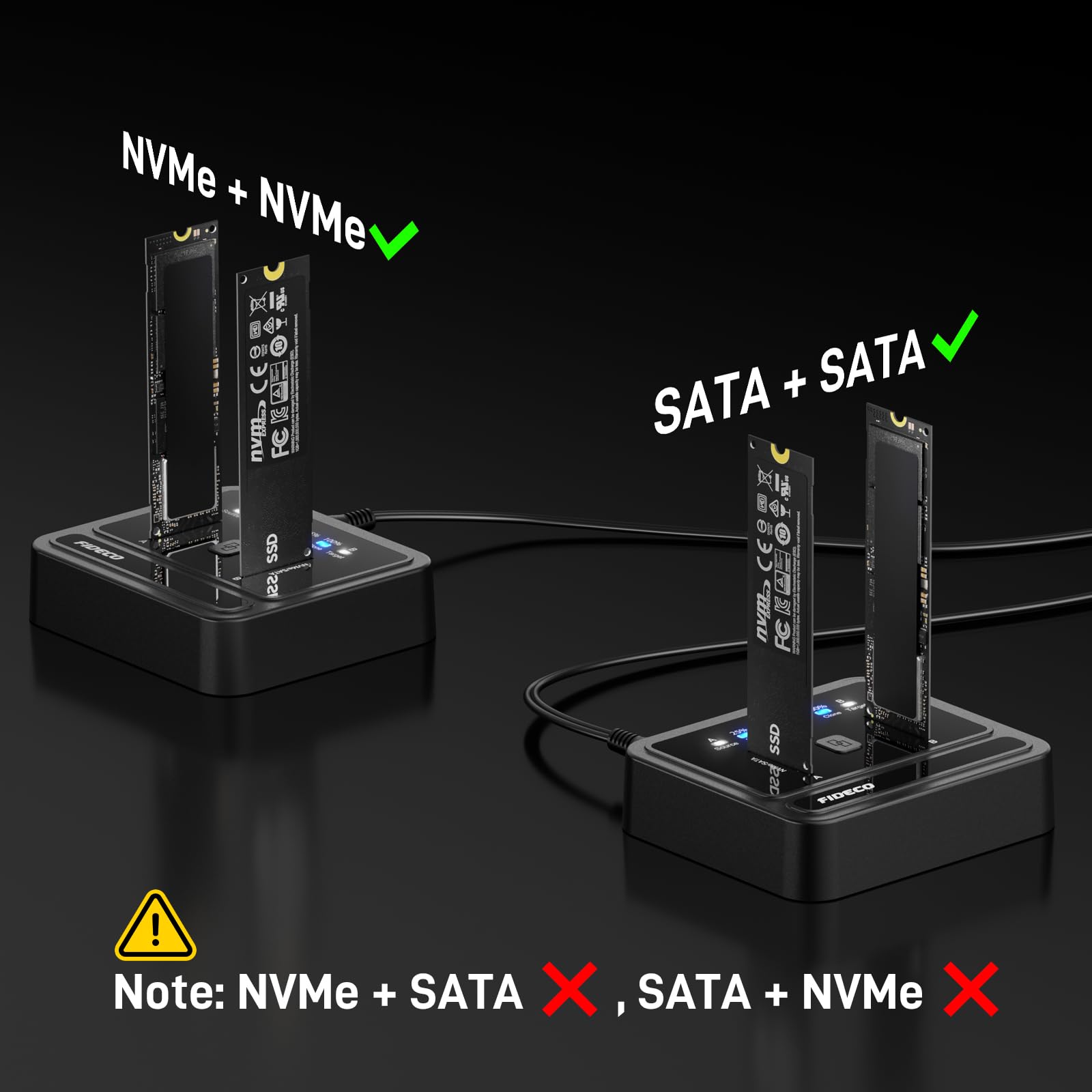 FIDECO Base de Connexion M.2 NVMe SATA SSD, USB 3.2 Gen 2, 20Gbps Station d'accueil pour Disque Dur à Double Baie, Prend en Charge Le clonage Hors Ligne, UASP et Trim