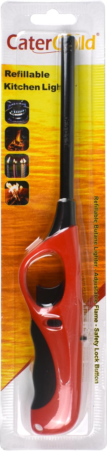CaterGold Refillable Lighter Butane Gas Lighter with Adjustable Flame Safety Lock Windproof Fire Lighter For Kitchen Barbecue Candles Cooking Camping Fireworks (Red)
